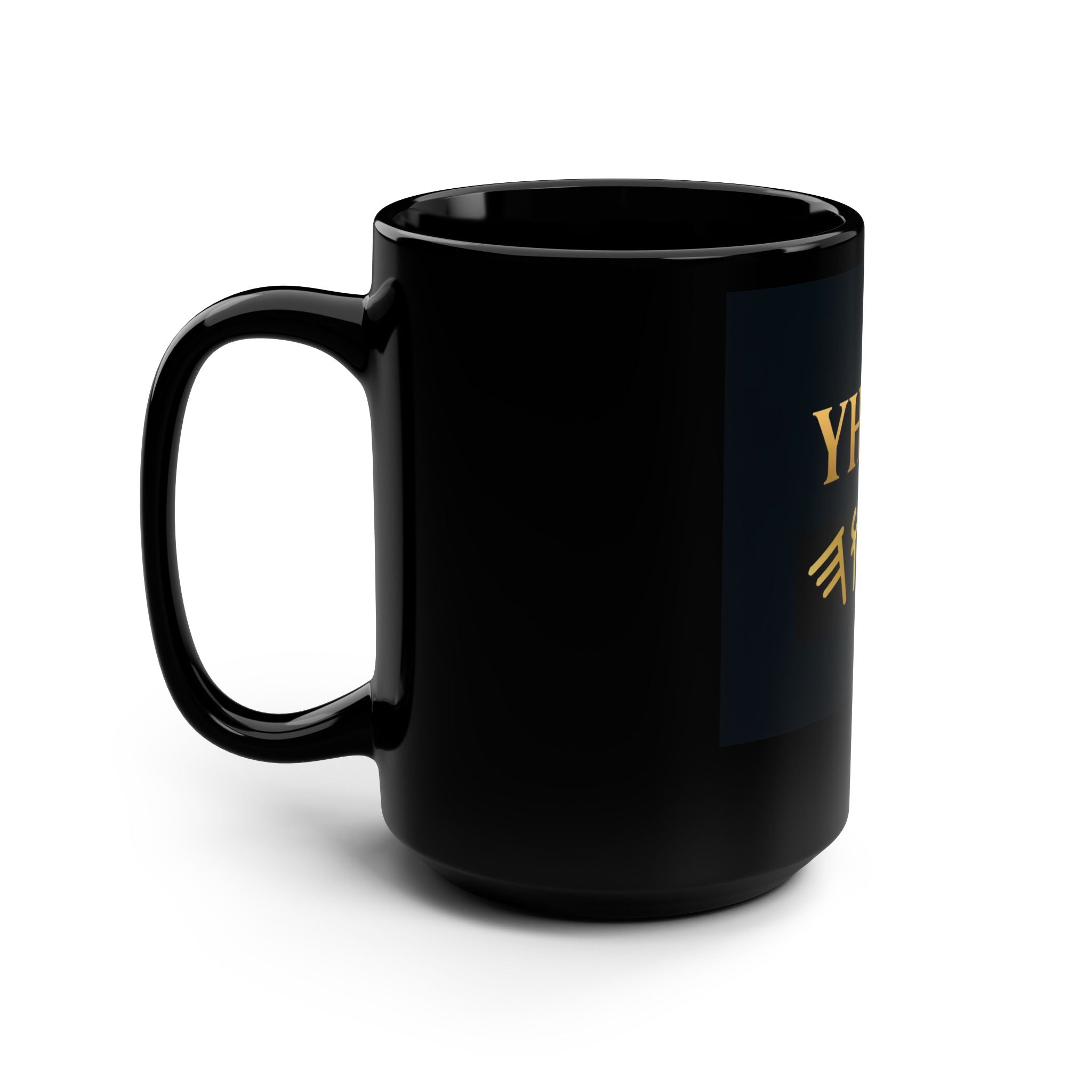YHWH Gold Script Black Mug — 15oz Christian Hebrew Name Coffee Cup