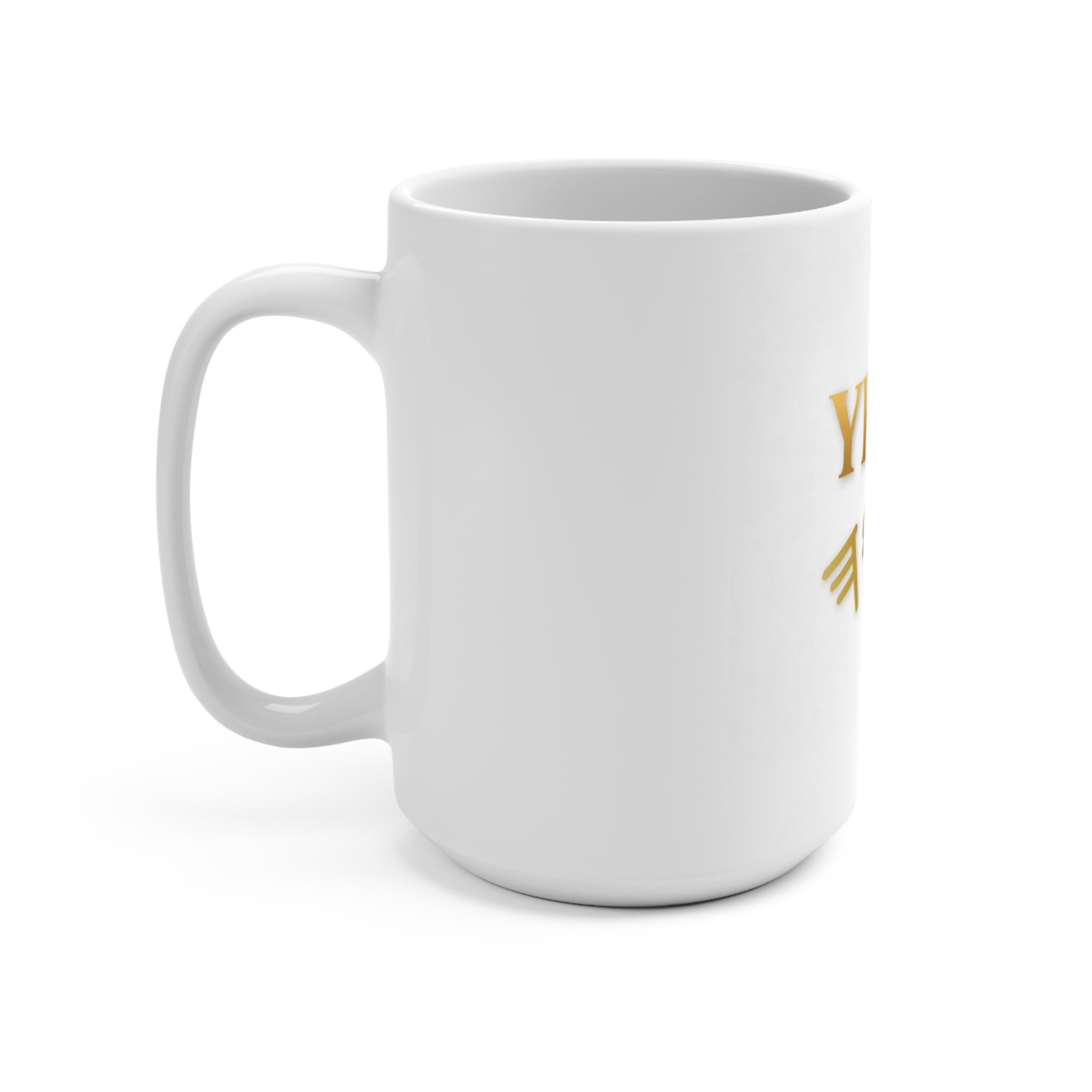 YHWH Gold Script 15oz Ceramic Mug – Faith-Inspired Hebrew Name Coffee Cup